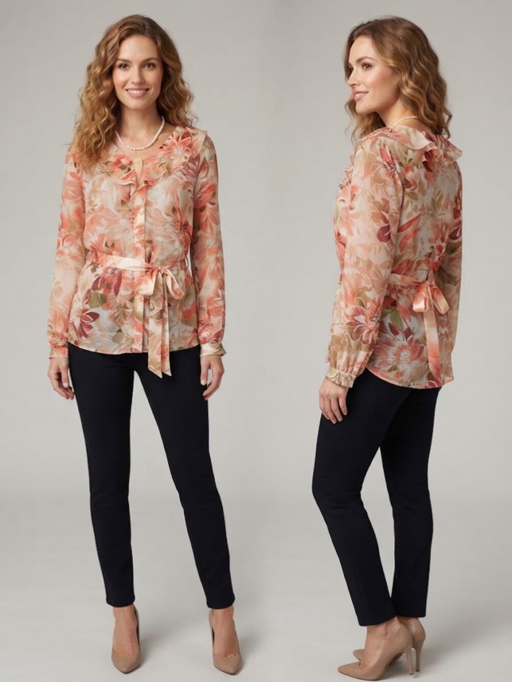 East 5th Ruffled Orange Pink Floral Print Long Sleeves Belted Blouse Size Large